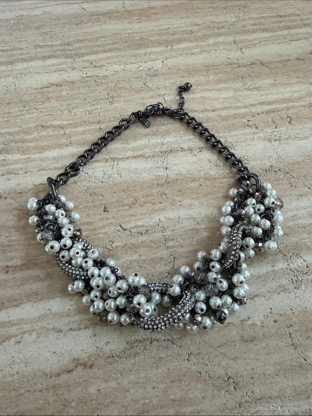 White House Black Market White Pearl Cluster Necklace with Gunmetal Chain